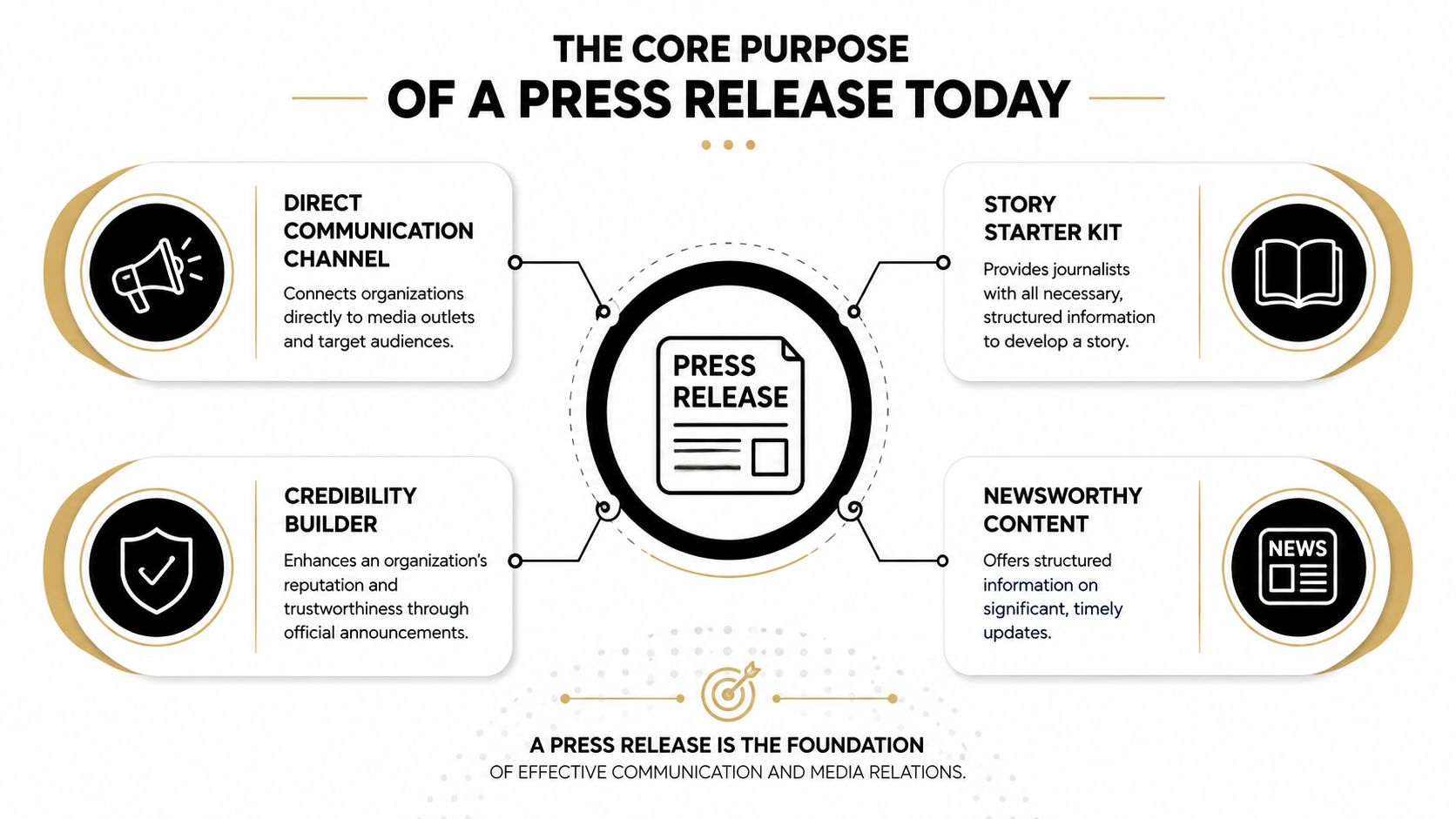 An infographic detailing the four core purposes of a modern press release in business and media communication.