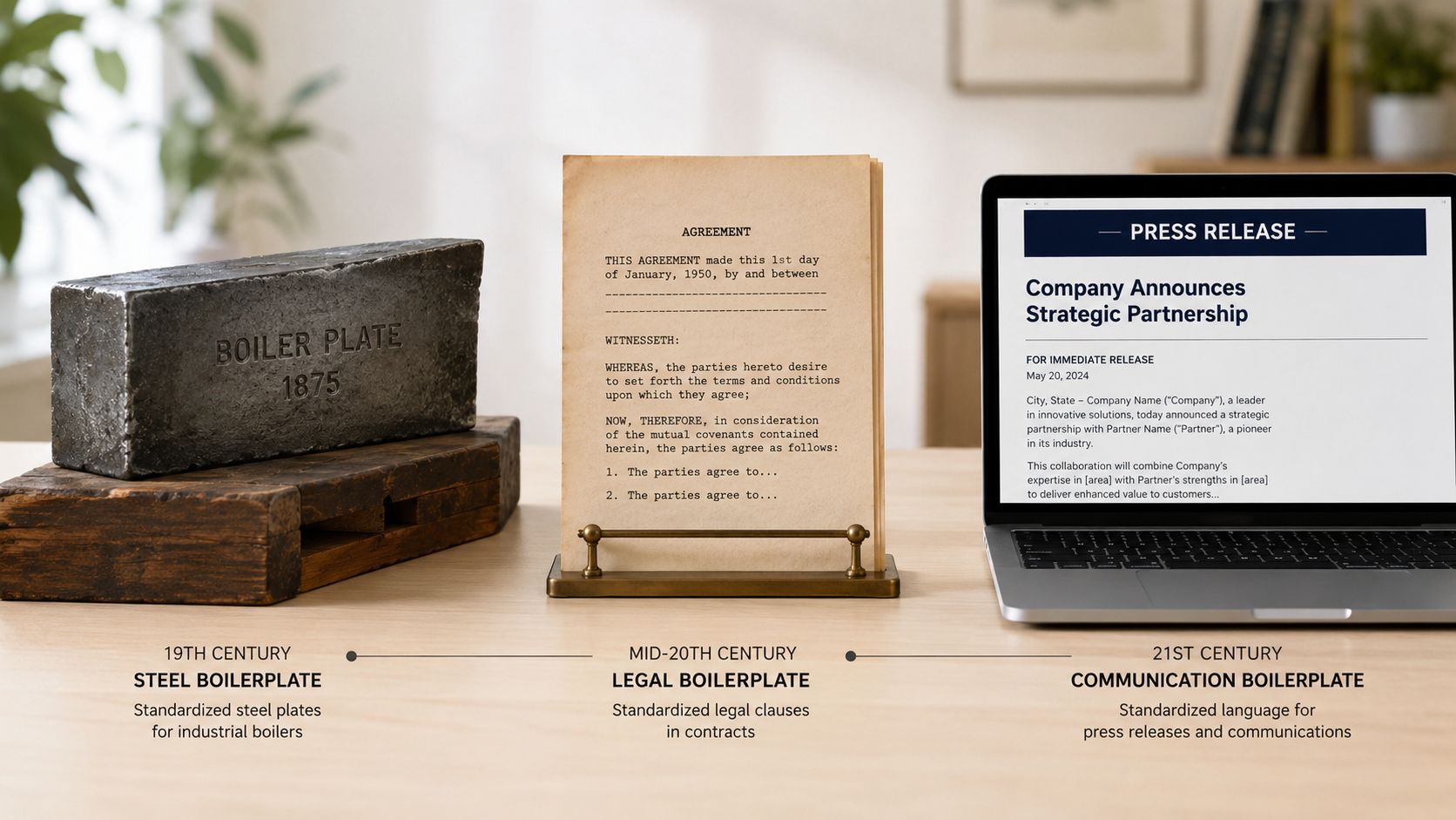 A conceptual timeline showing the evolution of boilerplate from 19th-century steel plates to modern communication templates.