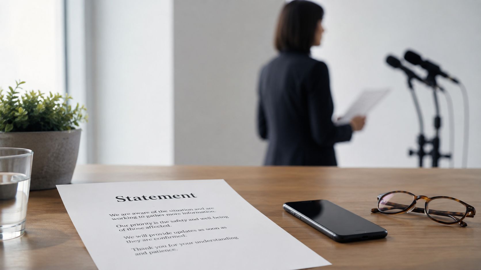 A printed official statement sits on a wooden desk next to a smartphone and glasses with a speaker blurred in the background.